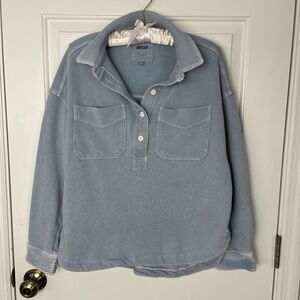 Aerie Women’s Polo Sweatshirt Faded Denim Fun Color XXS Distressed Cozy Comfy